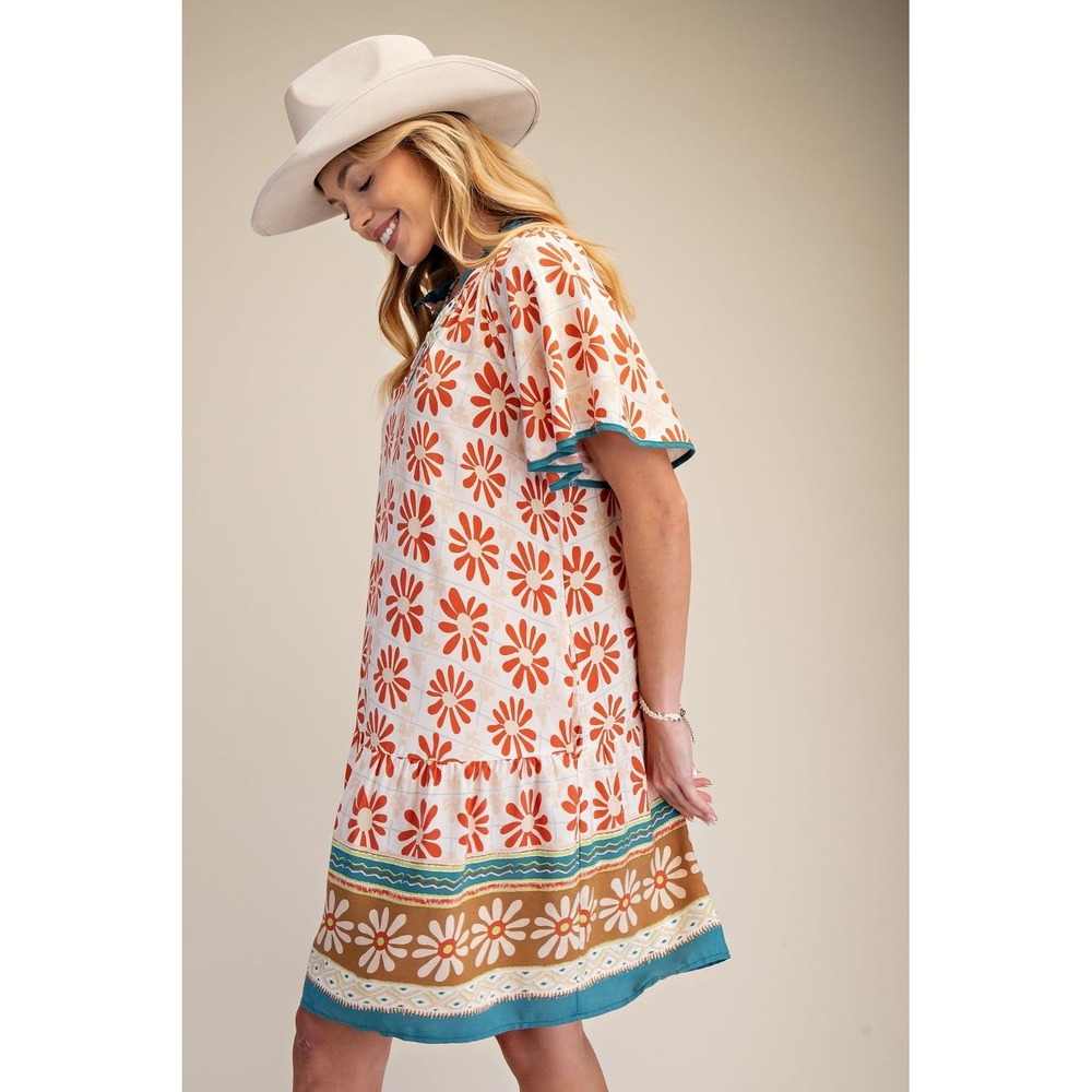 Easel Womens Daisy Floral Border Print Wing Sleeve Boho A-Line Mini Dress Small - Picture 5 of 5